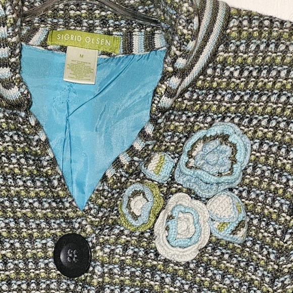 Y2K Sigrid Olsen Green and BlueHerringbone Knit coat with Crochet flowers - Picture 2 of 6